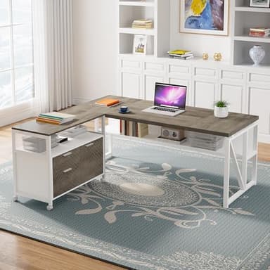 Tribesigns L Shaped Desk with Drawer Cabinet, 63" Executive Computer Desk and lateral File Cabinet, 2 Piece Home Office Furniture with Drawers for Hanging File, Doors with Locks (Dark Oak, 63-inches) - Image 4