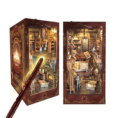 Book Nook Kit w/Remote Wand, DIY Dollhouse Booknook Magic 3D Bookshelf Insert Decor Craft Building Set Gift for Teens Adults as Halloween Christmas Day Gift - Magic Library-Brown - Image 1