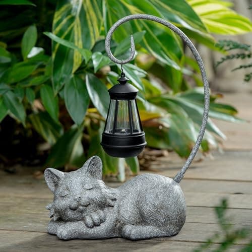 WSgift Outdoor Cat Figurine Garden Statue with Solar-Powered LED Light 13.77 Inches Tall Gift Garden Statue Decor for Cat Lovers Marbled - Image 1