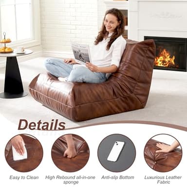 Hobestluk Giant Bean Bag Chair Lazy Floor Sofa, Memory Foam Fireside Sofa for Adults, Big Beanbag Faux Leather Armless Chair for Living Room Bedroom Dorm Office (Brown, Single) - Image 6