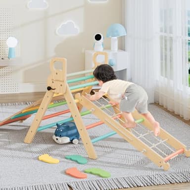 BlueWood 10-in-1 Pikler Triangle Set, Toddler Climbing Toys Indoor, Montessori Climber, Baby Jungle Gyms with Arch, Extra Rope Ladder & Footprint Balance Beam - Rose Garden - Image 2