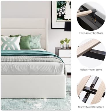 SHA CERLIN Queen Size Lift Up Storage Bed/Velvet Upholstered/Modern Wingback Headboard/Upholstered Platform Bed Frame/Hydraulic Storage/No Box Spring Needed/White - Image 5