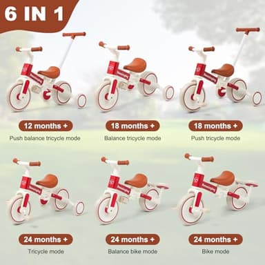 6 in 1 Toddler Tricycle with Push Handle Kids Tricycle for 2-5 Year Olds Toddler Bike for 1 Year Trikes for Kids 1-3 with Removable Pedal Adjustable Seat Birthday Gift Trike 1 to 3 Tricycle Red - Image 4