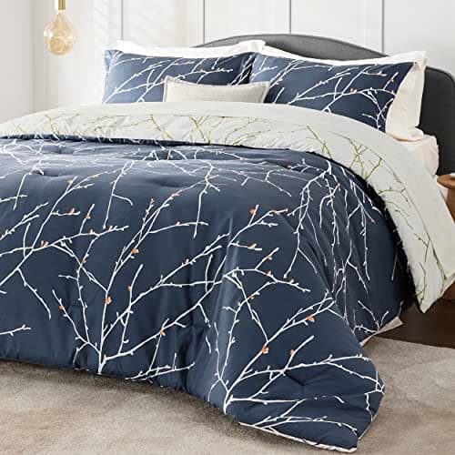 Bedsure Queen Comforter Sets - 7 Pieces Floral Navy Blue Bed Set, Tree Branch Pattern Printed Bed in a Bag Queen with Comforter, Sheets, Pillowcases & Shams - Image 1