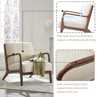 Mid-Century Modern Accent Chair with Cushions, Living Room Chair with Solid Wood Frame, Lounge Chair Chair for Living Room, Office, Bedroom, Lambswool White - Image 5