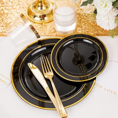 GATHER 350PCS Black Plastic Plates-Disposable Dinnerware Set Include 100PCS Black and Gold Plastic Plates, 150 Silverware, 50 Napkins, 50 Cups Perfect for Party & Wedding & Halloween - Image 8