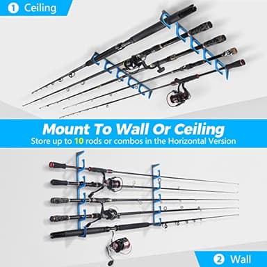 PLUSINNO H5 Horizontal Fishing Rod/Pole Holders for Garage, Wall or Ceiling Mounted Fishing Rod Rack, Aviation Aluminum Fishing Pole Holder Holds up to 10 Rod or Combos or Nets Storage Racks - Image 6