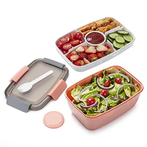 Freshmage Salad Lunch Container To Go, 68-oz Bowls with 4 Compartments, Dressing Container for Toppings, Snacks, Men, Women (Pink-XL) - Image 1
