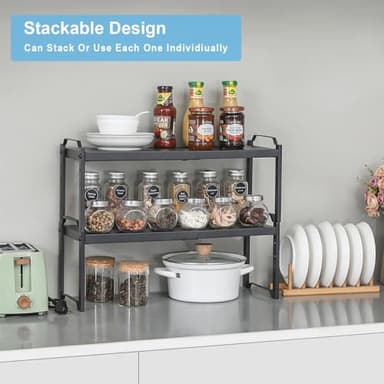 25.5 Inches 2 Pack Expandable Cabinet Shelves, Stackable Shelf Organizer for Kitchen Cabinet Countertop Storage, Adjustable Counter Cupboard Pantry Organizer Shelf Rack Stand Riser, Black - Image 3