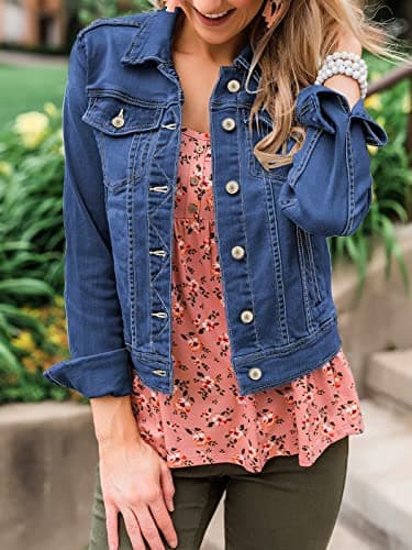 luvamia Women's Casual Basic Button Down Stretch Regular Fit Long Sleeves Denim Jean Jacket Womens Bomber Jacket Spring Jackets For Women 2024 Nightfall Blue Size Large Fits Size 12 / Size 14 - Image 6