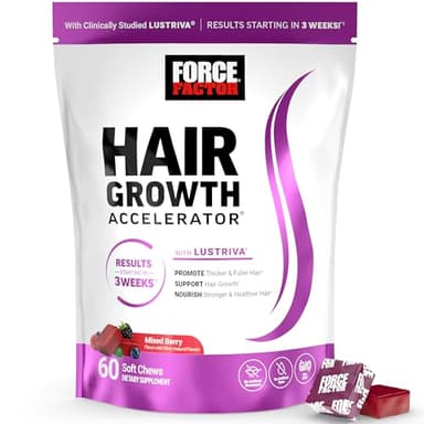 Force Factor Hair Growth Accelerator Soft Chews, Hair Growth Vitamins for Women and Men with Clinically Studied Lustriva and Biotin, Promotes Thicker, Fuller, Stronger Hair, Mixed Berry, 60 Soft Chews - Image 1