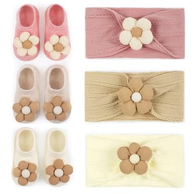 COZYOFFI Baby Flower Headband and Socks: Cute Headband and Socks Sets for Toddler Newborn Infant Girl Pink Khaki Beige - Image 1