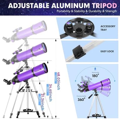 HUGERSTAR Telescope, Telescope for Adults & Kids & Astronomy Beginners, 80mm Aperture 600mm Portable Refractor Telescopes Fully Multi-Coated Optics with AZ Mount Tripod, Phone Adapter and Moon Filter - Image 4