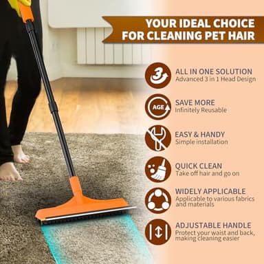 leishiyen Carpet Rake for Pet Hair Removal - 3 in 1 Pet Hair Remover Tool with 58" Adjustable Long Handle,Reusable Dog & Cat Carpet Scraper,Pet Hair Remover for Rugs,Mats,Couch,Curtains(Orange) - Image 7