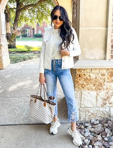 luvamia FleXclusive Women's Basic Button Down Stretch Fitted Long Sleeves Denim Jean Jacket White Denim Jacket Women Cream White Size Medium Fits Size 8-10 - Image 3