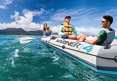 INTEX 68376EP Mariner 4 Inflatable Boat Set: Includes Deluxe 54in Boat Oars and High-Output Pump – Wear-Resistant Keel – Removable Fishing Rod Holders – 4-Person – 1100lb Weight Capacity - Image 5