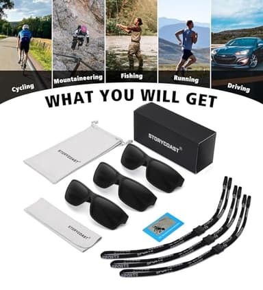 STORYCOAST Polarized Sports Sunglasses for Men Women Unbreakable Frame Cycling Fishing Driving 3Pack Black+Black+Black - Image 7