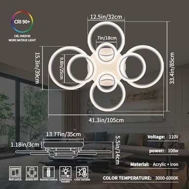 Shine LUEST Modern LED Ceiling Light, Dimmable LED Chandelier Flush Mount Ceiling Lights, Remote Control Acrylic Ring Ceiling Lamp Fixture for Living Room Dining Room Bedroom (White, 8 Rings) - Image 5