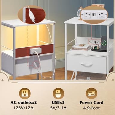 WLIVE White Night Stand with Charging Station, LED Nightstand with Adjustable Fabric Drawer, 3-Tier Storage Bedside Table, Small End Side Tables for Bedroom - Image 5