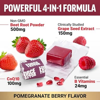 FORCE FACTOR Total Beets Ultimate Heart Health Chews for Blood Pressure Support, with Beetroot Powder, CoQ10, B Vitamins & Grapeseed Extract for Blood Flow & Energy, Pomegranate Berry, 60 Soft Chews - Image 4