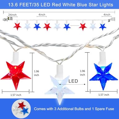 SUNSGNE Star String Lights Red White and Blue String Lights, 13.6FT Indoor 4th of July Lights with 35 LED Star Fairy Lights for Patriotic Independence Day Memorial Day Fourth of July Decorations - Image 2