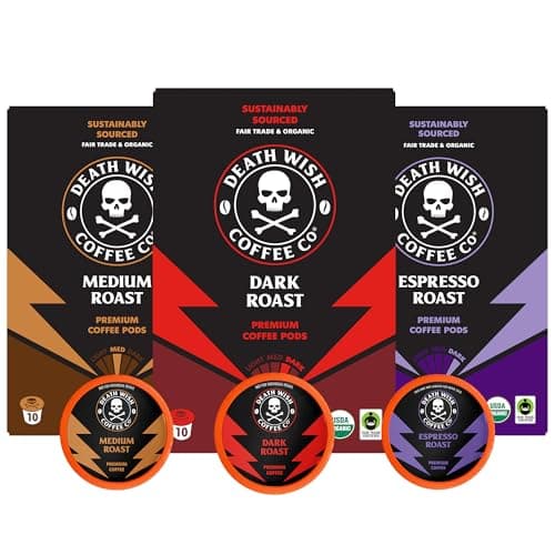 Death Wish Coffee, Single Serve Coffee - 10 Each of Medium, Dark, and Espresso Roast - Mixed Roast Variety Pack - Image 1