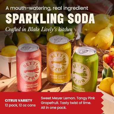 Betty Buzz Premium Sparkling Soda Citrus Variety Pack by Blake Lively (12 Pack Cans), Sparkling Grapefruit, Sparkling Lemon Lime, Meyer Lemon Club Soda | Real Juice, Natural Flavors, Only Clean Ingredients - Image 3