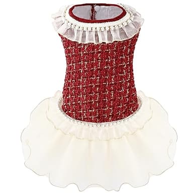 Elegant Dog Plaid Tulle Dress Puppy Skirts Cat Outfits Pet Winter Apparel Clothes for Small Medium Dogs Girl Costume Doggie Birthday Wedding Party Gown (Burgundy, S) - Image 1