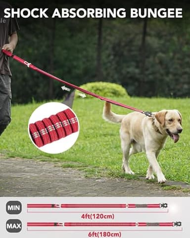 Joytale Tactical Dog Leash Heavy Duty, 4-6FT Shock Absorbing Bungee Lead with 2 Padded Handle, Metal Carabiner Clip, Car Seatbelt, Strong No Pull Leash for Medium Large X-Large Dogs, Red - Image 3