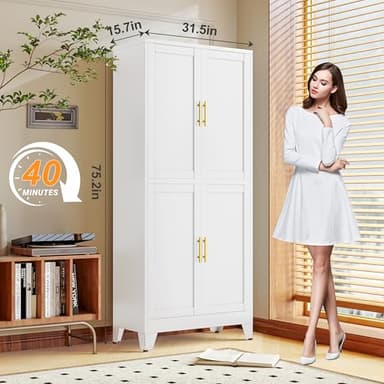 GAIOUS 75.2" Tall Metal Pantry Cabinet, Kitchen Pantry Storage Cabinets with 4 Door and 4 Adjustable Shelves, White Storage Cabinet, Freestanding Cupboard for Kitchen Dining Room Living Room Bathroom - Image 7