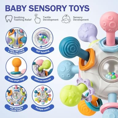 Baby Toys 6 to 12 Months, 5 In 1 Montessori Toys for 1 Year Old, Incl Travel Pull String Toy & Rattle Teether & Stacking Baby Block & Soft Infant Ring & Sensory Ball for Toddler 0-3-6-9-12 Month - Image 9
