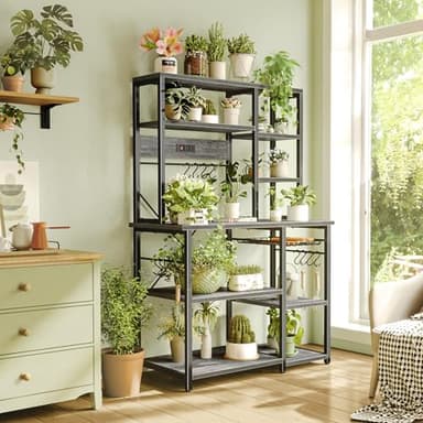 SUPERJARE Large Bakers Rack with Power Outlets, 6-Tier Microwave Stand, Coffee Bar with 12 S-Shaped Hooks, Kitchen Shelf with Wire Basket, 39.3 x 15.5 x 66.9 Inches, Charcoal Gray - Image 7