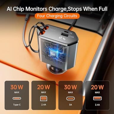 GUSGU 100W Retractable Car Charger, 4-in-1 Fast Car Phone Charger Featuring a 2.6ft Retractable Cord, with Lightning and USB-C Cable Car Charger Adapters, Compatible All Other Phone Models (Silver) - Image 5