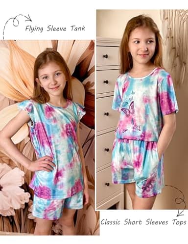 Arshiner Girls Pajamas Set Short Sleeve Pjs Sleepwear 3PCS Summer Lounge Sets Nightwear Blue Tie-Dye 12-13Years - Image 4