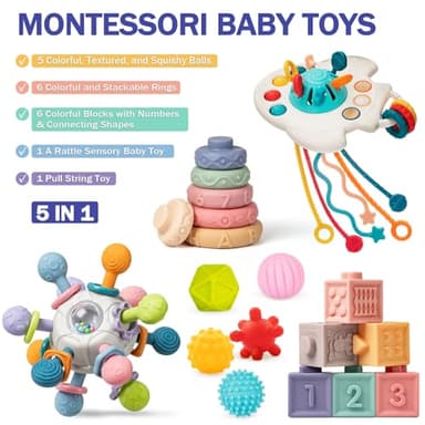Baby Toys 6 to 12 Months, 5 In 1 Montessori Toys for 1 Year Old, Incl Travel Pull String Toy & Rattle Teether & Stacking Baby Block & Soft Infant Ring & Sensory Ball for Toddler 0-3-6-9-12 Month - Image 3