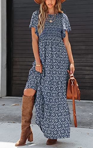 PRETTYGARDEN Women's Summer Casual Flutter Short Sleeve Boho Floral Maxi Dress Crew Neck Smocked Tiered Long Dresses (Navy,Large) - Image 2