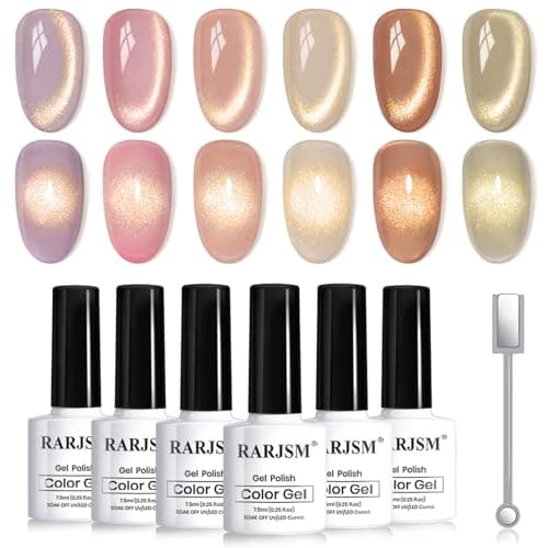 RARJSM Gold Glitter Cat Eye Gel Nail Polish Set 6Pcs Nude Pink Light Purple Brown Gray Green Velvet Ice Jelly Glitter Cateye Gel Polish with Magnetic Stick UV LED Curing Require Home Salon Nails - Image 1