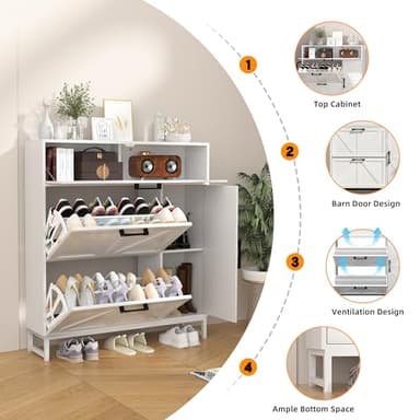 Betterhood Shoe Cabinet for Entryway with 2 Flip Drawers, Slim Freestanding Shoe Rack Organizer, Entryway Shoe Cabinet with Open Storage for Foyer and Hallway, White - Image 4