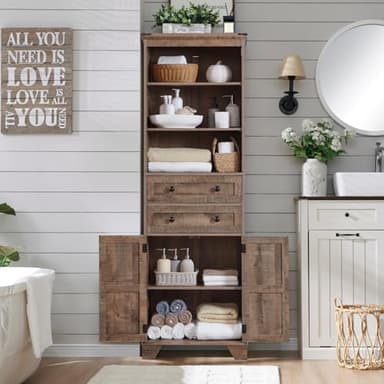 ACCOHOHO Farmhouse Bathroom Cabinet, 72" Tall Storage Cabinet with 2 Drawers, Adjustable Shelves & Barn Door, Cabinets for Bathroom, Living Room, Kitchen, Rustic Brown - Image 3
