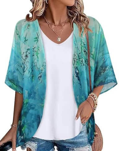 Kimonos for Women Beach Cover Ups Hawaiian Shirts Floral Cardigan Casual Summer Tops (Blue Greenish Forest,L) - Image 1