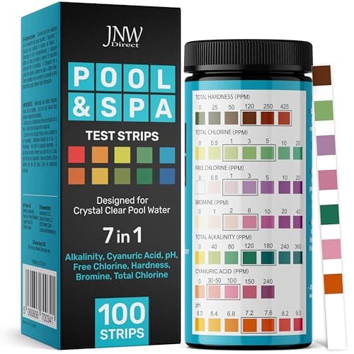 JNW 7-in-1 Pool Test Strips, 100 Quick & Accurate Test Strips for Pool Water, Spa Test Strips for Hot Tub, Chlorine Test Strips, Bromine, pH, Alkalinity, Hardness & More - Swimming Pool Test Kit - Image 1