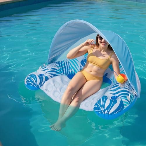 Pool Float for Adults with Canopy, XL Inflatable Chair Lounge Floaties with Adjustable Sun Shade Cover, Drink Holder, Ergonomic Headrest - Image 1
