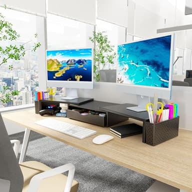 Spacrea Metal Desk Organizers and Accessories, Dual Monitor Stand Riser with Drawer and 2 Pen Holders, Desk Accessories & Workspace Desktop Organizers for Office Supplies (Black) - Image 7