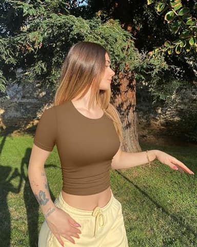 OQQ Womens 2 Piece Shirts Short Sleeve Crew Neck Ruched Stretch Fitted Tee Shirts Crop Tops Black Coffee - Image 2