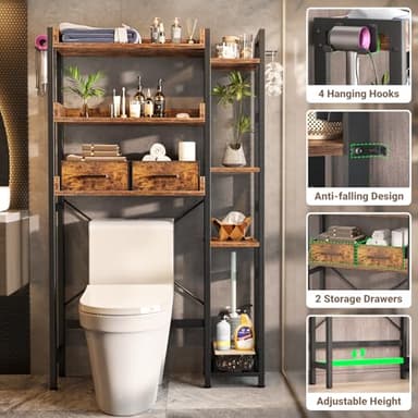 Over The Toilet Storage with 2 Drawers - 7 Tier Bathroom Organizer with Adjustable Shelf, Freestanding Space Saver Storage Rack Above Toilet Stand with 4 Hooks for Restroom, Laundry, Rustic Brown - Image 4