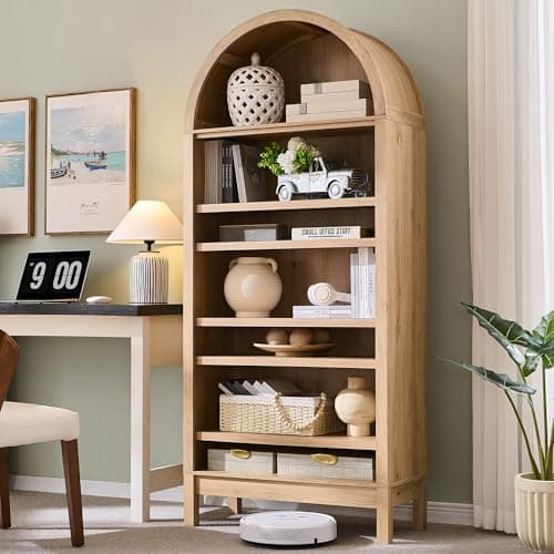 IFGET 71" Tall Arched Bookshelf, 7 Tiers Arch Bookcase with Storage, Modern Farmhouse Book Shelf with Adjustable Shelves, Wood Bookshelf w/Open Display Shelves for Living Room, Office (Natural) - Image 1