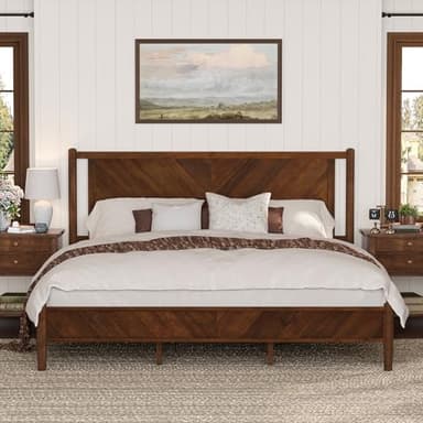 Cozyman Bed Frame King Size and Headboard Wood, Herringbong Pattern, 800 lbs, Non-Slip Without Noise, Walnut - Image 6