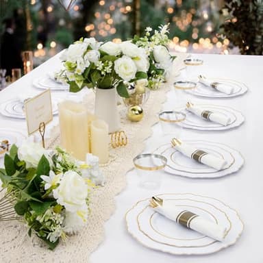 Liacere 350PCS Gold Plastic Plates-Disposable White and Gold Plates 50guest Baroque Plastic Dinnerware include 100Plates, 50Pack Pre Rolled Napkins with Silverware 50Cups for Wedding&Fall Decor - Image 5