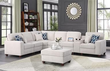 YOPTO 127" L-Shaped Sectional Couch with Movable Ottoman & 6 Throw Pillows,7 Seat Chenille Upholstered Sofa W/2 Cup Holder,USB Port & Hidden Storage Box,DIY Combination,for Living Room,Apartment,Beige - Image 1