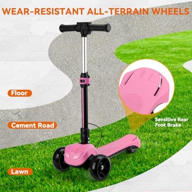 24V Electric Scooter for Kids w/150W Powerful Motor, Thumb Throttle, LCD Screen, Bluetooth, Light-Up Stem Deck & Wheels, 3 Adjustable Heights, 5MPH Safe Speed, 3 Wheel Electric Scooter for Kids, Pink - Image 6